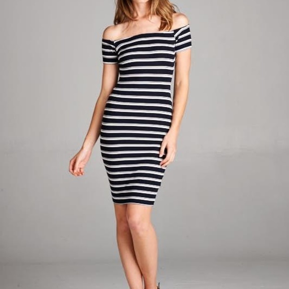 Junior Ribbed Striped Off the Shoulder Dress - Picture 2 of 3